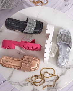 Clearance Białe klapki damskie z cyrkoniami Emkoy Klapki Na Obcasie