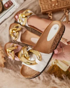 New Białe klapki damskie z ozdobą Sofig Klapki Płaskie