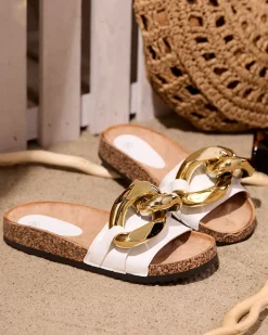 New Białe klapki damskie z ozdobą Sofig Klapki Płaskie