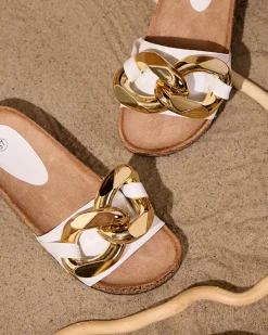 New Białe klapki damskie z ozdobą Sofig Klapki Płaskie