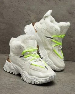 Hot Białe sportowe buty damskie z futerkiem i owymi zielonymi sznurówkami Sagglo Damskie Śniegowce|Ocieplane