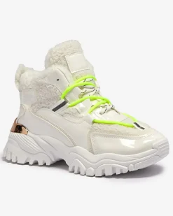 Hot Białe sportowe buty damskie z futerkiem i owymi zielonymi sznurówkami Sagglo Damskie Śniegowce|Ocieplane