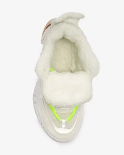Hot Białe sportowe buty damskie z futerkiem i owymi zielonymi sznurówkami Sagglo Damskie Śniegowce|Ocieplane