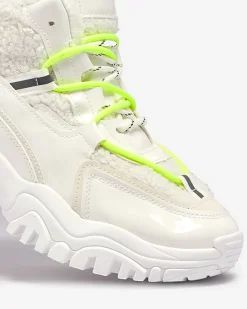 Hot Białe sportowe buty damskie z futerkiem i owymi zielonymi sznurówkami Sagglo Damskie Śniegowce|Ocieplane