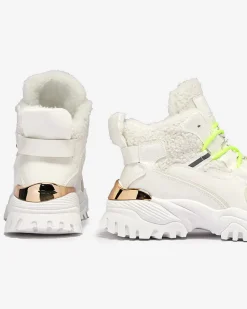 Hot Białe sportowe buty damskie z futerkiem i owymi zielonymi sznurówkami Sagglo Damskie Śniegowce|Ocieplane