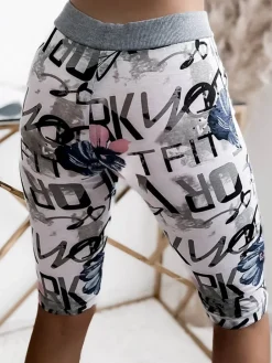 Clearance Biało- niebieskie spodenki damskie 3/4 z printem Spodenki 3/4|Krótkie Spodenki