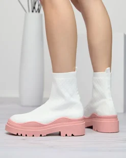 Best Biało-różowe botki damskie na płaskim obcasie Seritis Botki Bez Ocieplenia|Botki Na Płaskim Obcasie