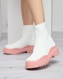 Best Biało-różowe botki damskie na płaskim obcasie Seritis Botki Bez Ocieplenia|Botki Na Płaskim Obcasie