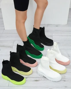 New Biało-zielone botki damskie na płaskim obcasie Seritis Botki Bez Ocieplenia|Botki Na Płaskim Obcasie