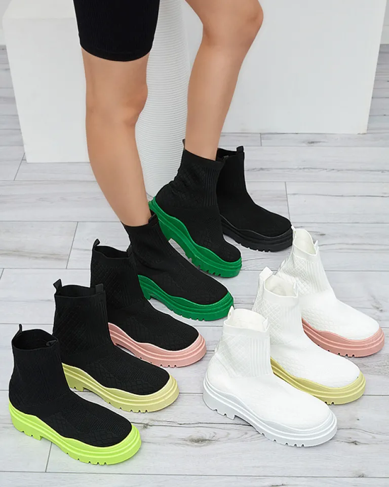 New Biało-zielone botki damskie na płaskim obcasie Seritis Botki Bez Ocieplenia|Botki Na Płaskim Obcasie