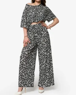 Discount damski plisowany komplet w czarne kwiatki Damskie Komplety Damskie