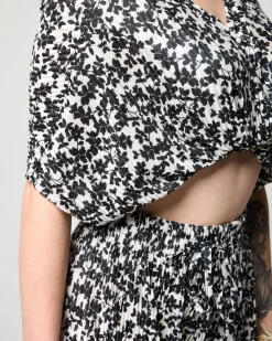 Discount damski plisowany komplet w czarne kwiatki Damskie Komplety Damskie