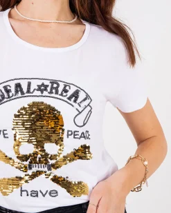 Sale damski t-shirt z cekinami i napisami Bluzki / Koszule / Koszulki