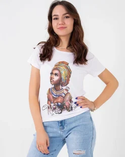 Outlet damski t-shirt z kolorowym printem i cekinami Bluzki / Koszule / Koszulki