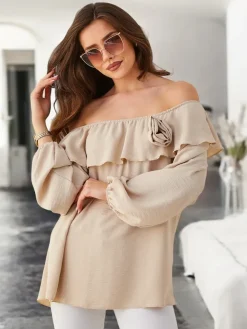 Clearance Bluzka damska a'la hiszpanka z falbanką i kwiatem Bluzki / Koszule / Koszulki