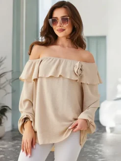 Clearance Bluzka damska a'la hiszpanka z falbanką i kwiatem Bluzki / Koszule / Koszulki