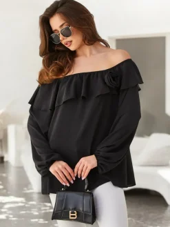 New Bluzka damska a'la hiszpanka z falbanką i kwiatem Bluzki / Koszule / Koszulki