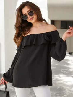 New Bluzka damska a'la hiszpanka z falbanką i kwiatem Bluzki / Koszule / Koszulki