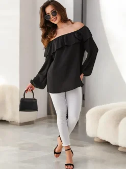 New Bluzka damska a'la hiszpanka z falbanką i kwiatem Bluzki / Koszule / Koszulki