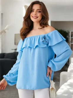 New Bluzka damska a'la hiszpanka z falbanką i kwiatem Bluzki / Koszule / Koszulki