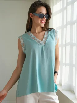 Clearance Bluzka damska bez rękawów z koronką Bluzki / Koszule / Koszulki