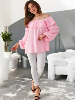 New Bluzka damska a'la hiszpanka z falbanką i kwiatem Bluzki / Koszule / Koszulki