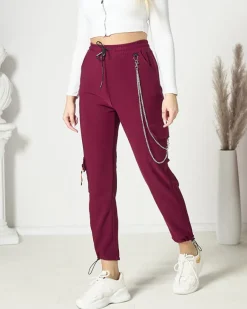 Discount Bordowe damskie spodnie typu bojówki z łańcuszkiem Spodnie Cargo|Spodnie Materiałowe