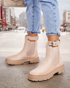 Hot Botki damskie z ozdobnym paskiem Ozzoas Botki Z Delikatnym Ociepleniem|Botki Na Płaskim Obcasie