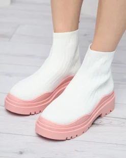 Discount Botki damskie na grubszej podeszwie w kolorze biało- różowym Korlico Botki Bez Ocieplenia|Botki Na Płaskim Obcasie