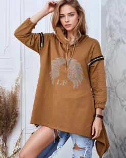 Clearance Brązowa damska oversizowa bluza z cyrkoniami Bluzy