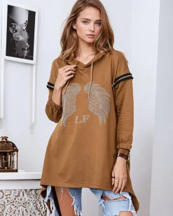 Clearance Brązowa damska oversizowa bluza z cyrkoniami Bluzy