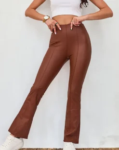 Hot Brązowe damskie eko-skórzane legginsy a'la dzwony Eko Skórzane|Legginsy / Tregginsy