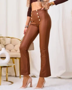 Hot Brązowe damskie eko-skórzane legginsy ze złotymi guzikami Eko Skórzane|Legginsy / Tregginsy