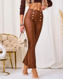 Hot Brązowe damskie eko-skórzane legginsy ze złotymi guzikami Eko Skórzane|Legginsy / Tregginsy
