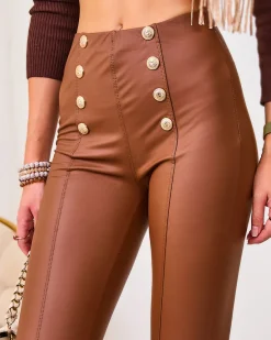 Hot Brązowe damskie eko-skórzane legginsy ze złotymi guzikami Eko Skórzane|Legginsy / Tregginsy
