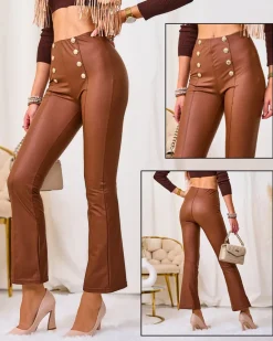 Hot Brązowe damskie eko-skórzane legginsy ze złotymi guzikami Eko Skórzane|Legginsy / Tregginsy