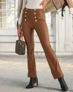 Hot Brązowe damskie eko-skórzane legginsy ze złotymi guzikami Eko Skórzane|Legginsy / Tregginsy
