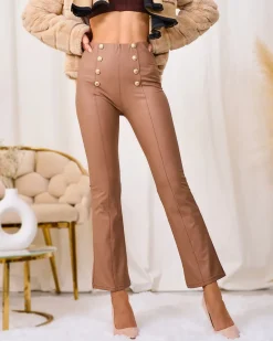 Clearance Brązowe damskie eko-skórzane legginsy ze złotymi guzikami Eko Skórzane|Legginsy / Tregginsy
