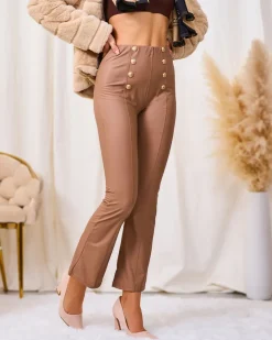 Clearance Brązowe damskie eko-skórzane legginsy ze złotymi guzikami Eko Skórzane|Legginsy / Tregginsy