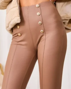 Clearance Brązowe damskie eko-skórzane legginsy ze złotymi guzikami Eko Skórzane|Legginsy / Tregginsy