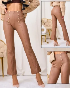 Clearance Brązowe damskie eko-skórzane legginsy ze złotymi guzikami Eko Skórzane|Legginsy / Tregginsy