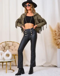 New Brązowe damskie eko-skórzane legginsy ze złotymi guzikami Eko Skórzane|Legginsy / Tregginsy