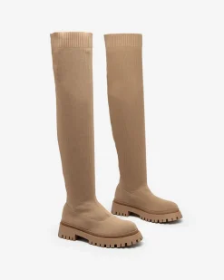 Discount Brązowe damskie wsuwane kozaki za kolano Radgitas Kozaki Na Płaskim Obcasie|Kozaki Bez Ocieplenia