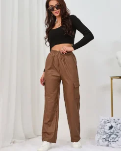 New Brązowe damskie spodnie typu bojówki z eko skóry Eko Skórzane|Spodnie Cargo