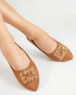 Brązowe damskie eko-zamszowe balerinki z ozdobą Linselisa Baleriny Klasyczne