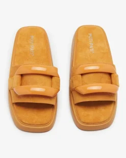 New Brązowe klapki damskie z eko-zamszu Omve Klapki Płaskie