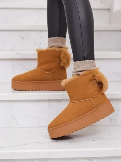 New Buty a'la śniegowce damskie w kolorze camelowym Goroggo Botki Z Delikatnym Ociepleniem|Botki Na Płaskim Obcasie