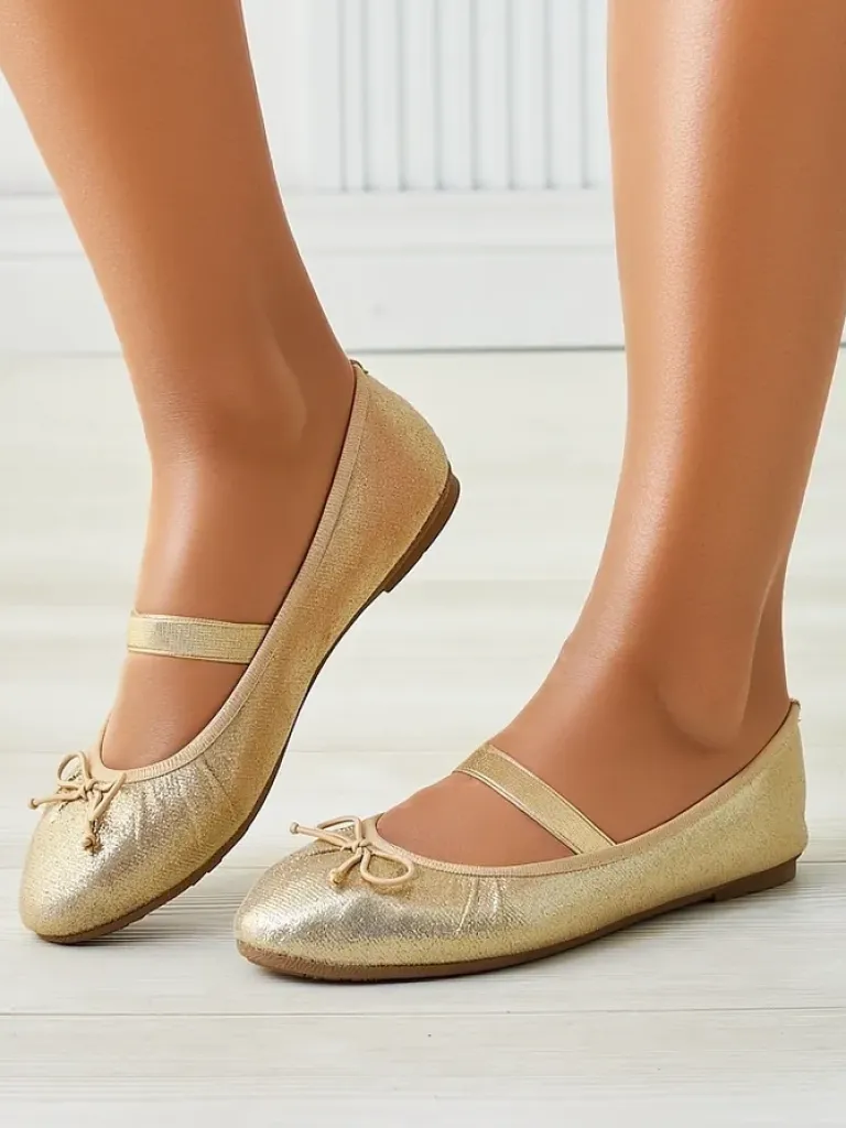 Online Błyszczące damskie baleriny z kokardką i gumką Safte Buty Na Wielkie Wyjście|Baleriny Klasyczne