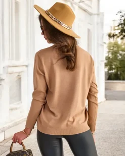 Best Camelowy sweter damski z dekoltem w serek Swetry