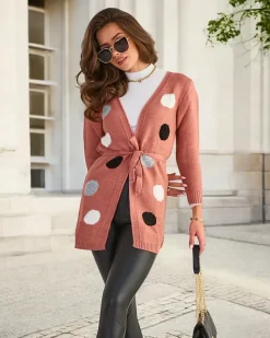 Best damski wiązany kardigan z kolorowymi kółkami Swetry